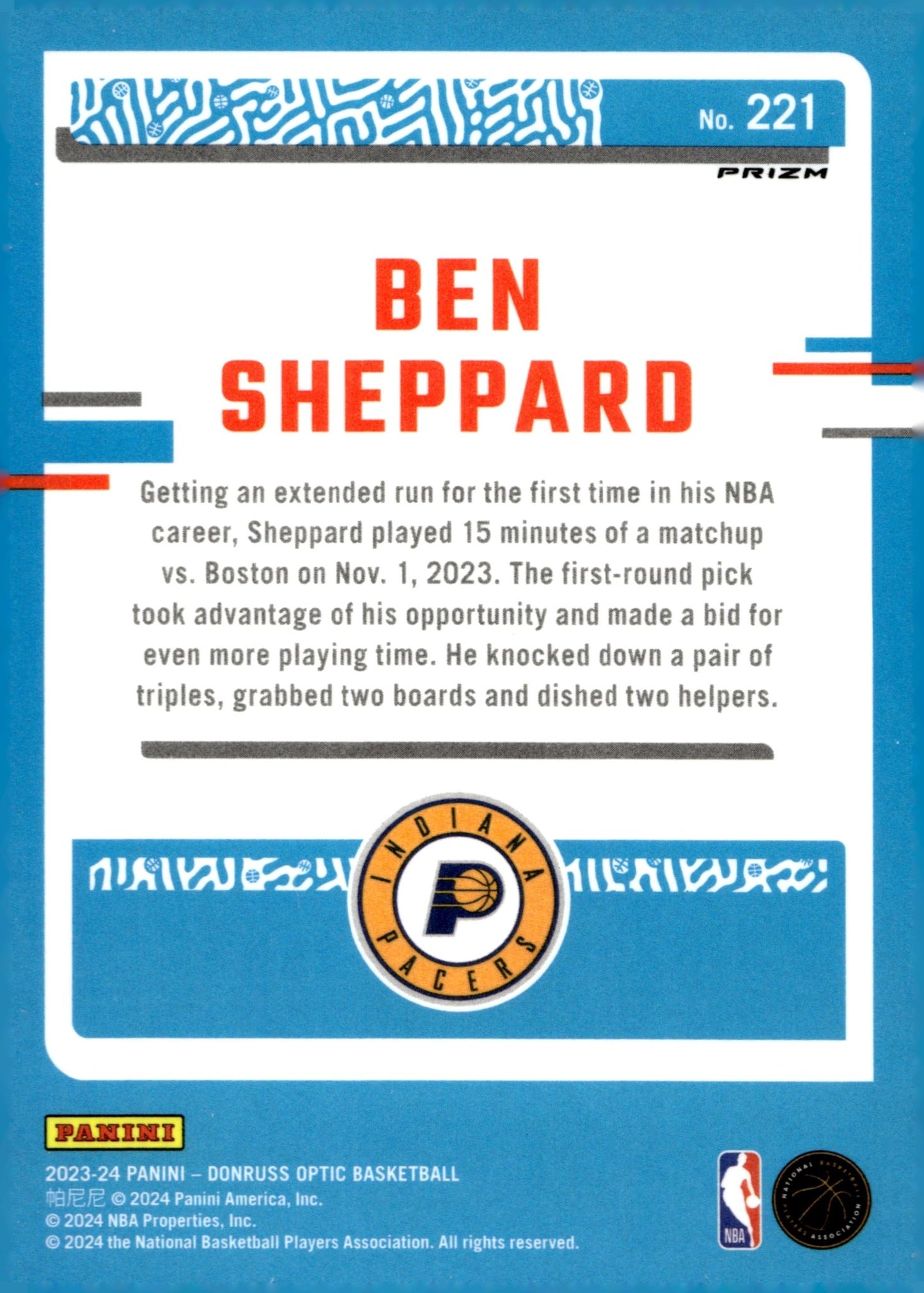 Ben Sheppard 2023 - 24 Panini Donruss Optic Rated Rookie Prizm RC #221 - Collector Store LLC