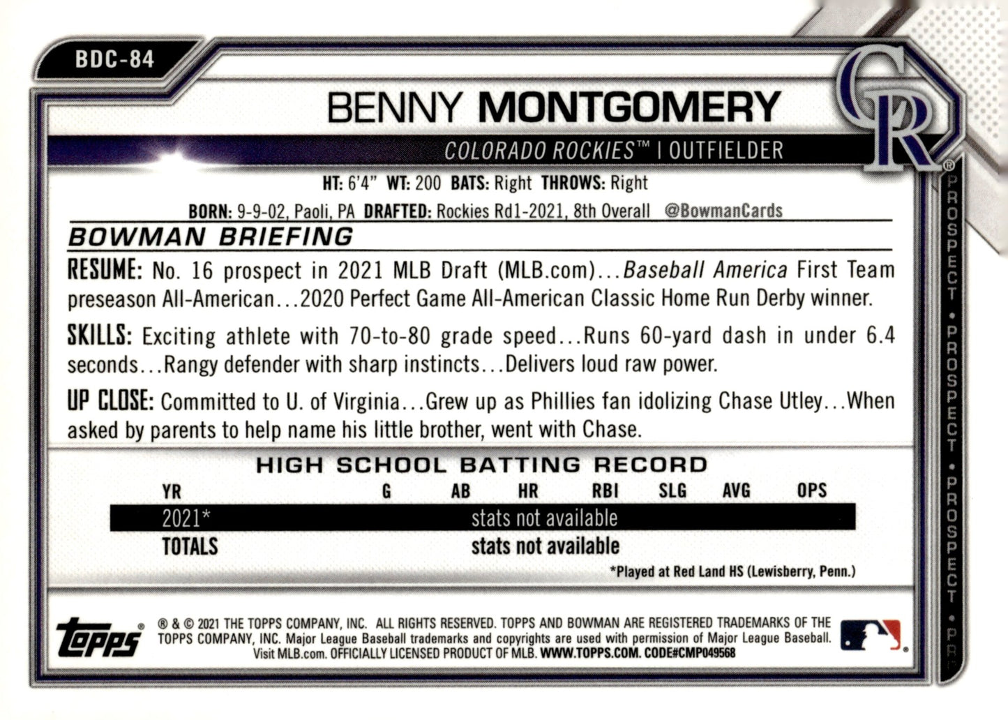 Benny Montgomery 2021 Bowman Chrome Prospects Sky Blue Refractor #BDC - 84 - Collector Store LLC