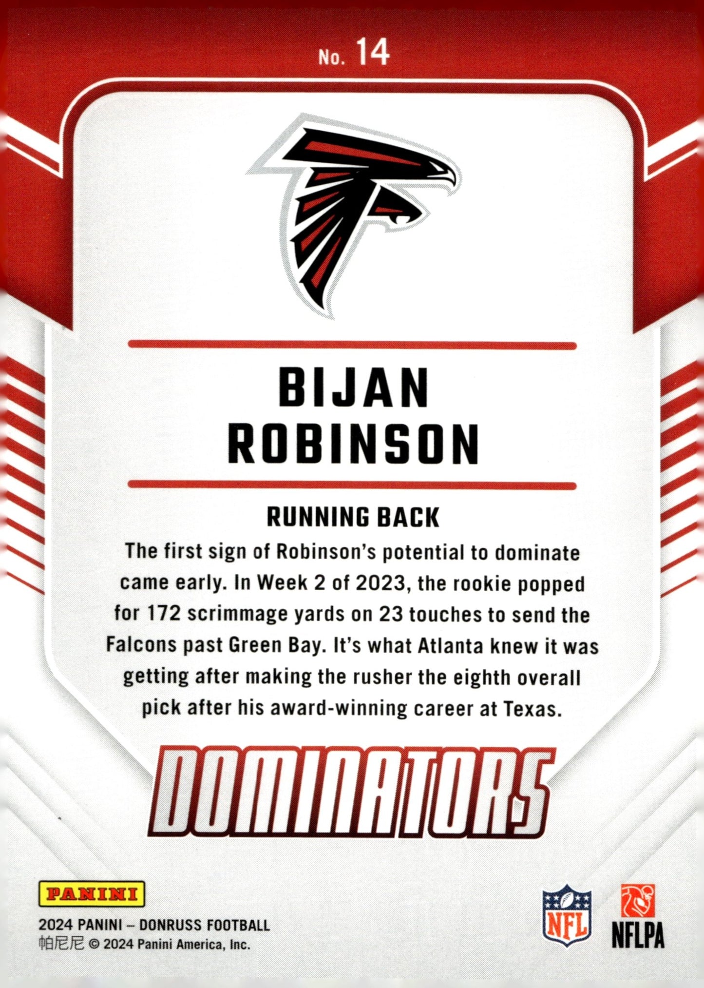 Bijan Robinson 2024 Panini Donruss Dominators #14 - Collector Store LLC