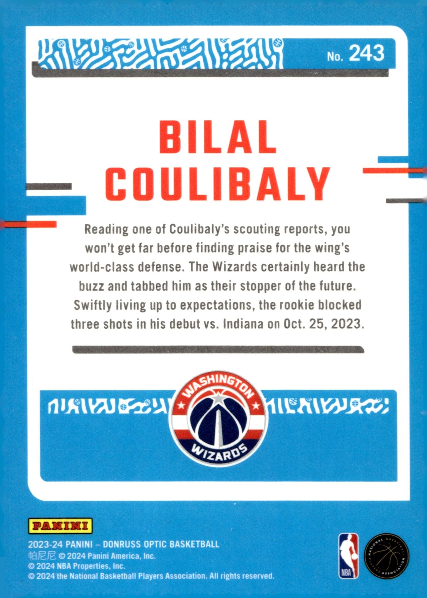 Bilal Coulibaly 2023 - 24 Panini Donruss Optic Rated Rookie RC #243 #2 - Collector Store LLC