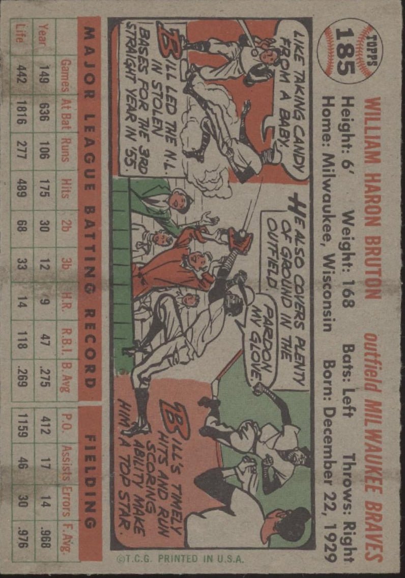 Bill Bruton 1956 Topps #185 Milwaukee Braves EX #2 - Collector Store LLC