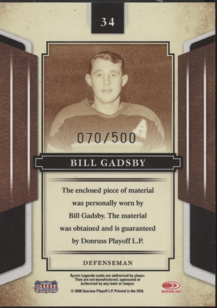 Bill Gadsby 2008 Donruss Sports Legends Swatch 070/500 #34 - Collector Store LLC