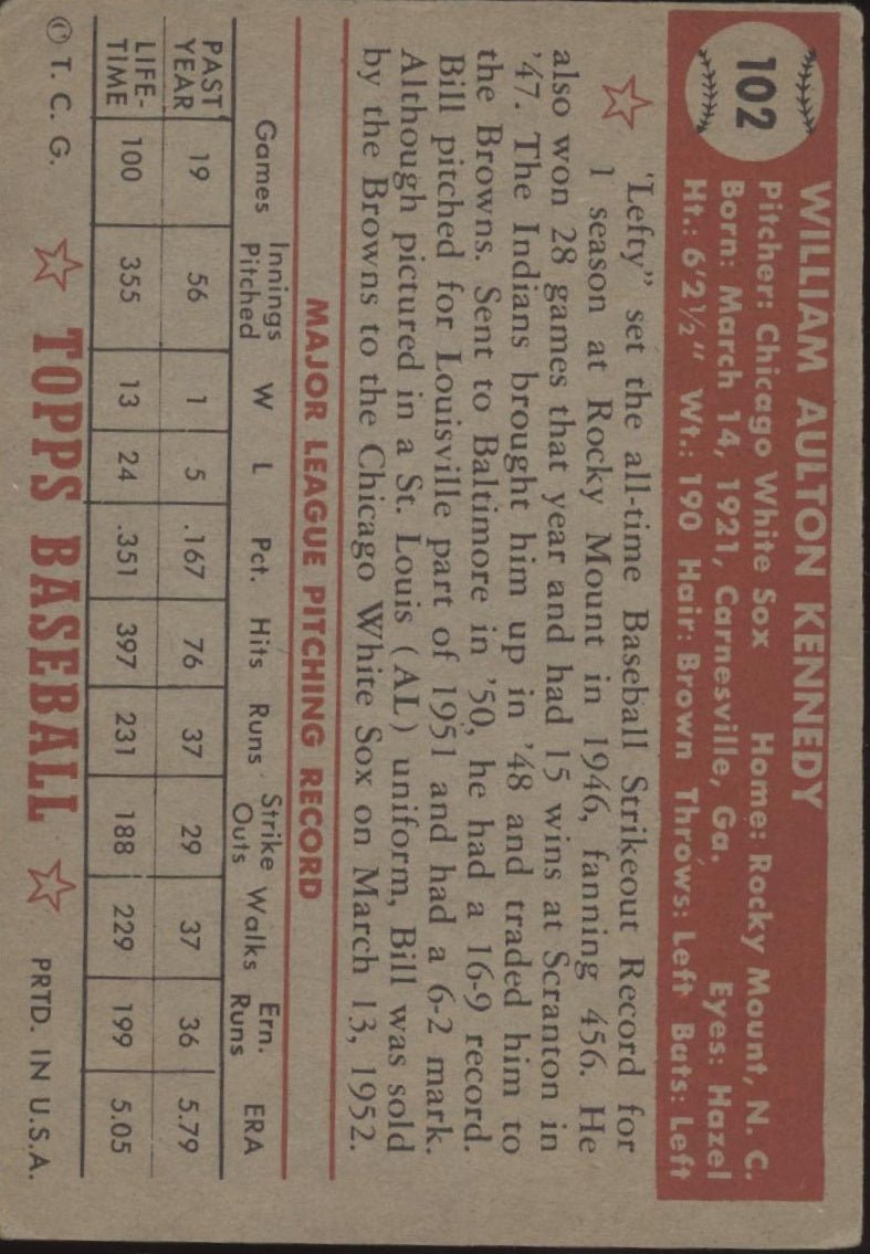 Bill Kennedy 1952 Topps #102 St. Louis Browns GD - Collector Store LLC