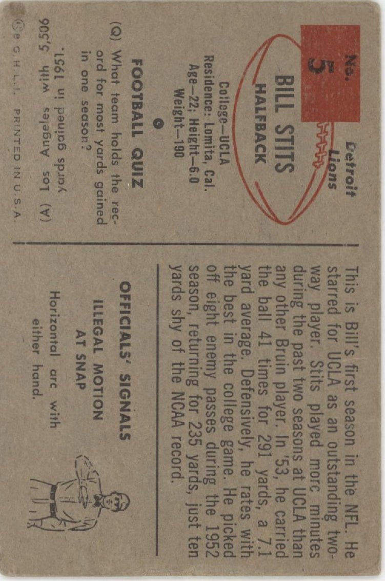 Bill Stits 1954 Bowman RC #5 Detroit Lions VG - Collector Store LLC