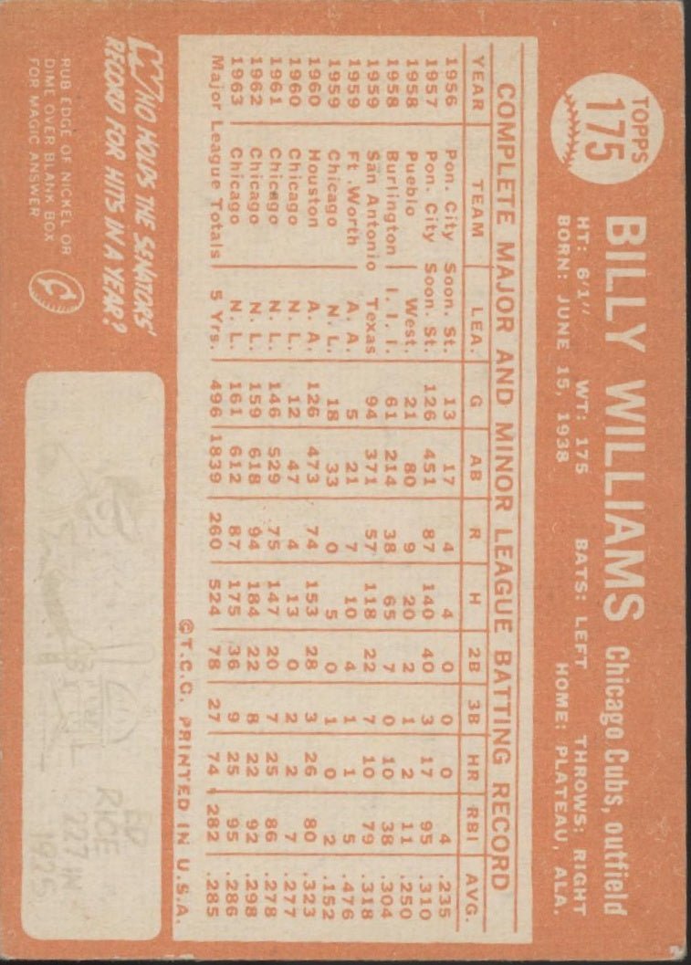Billy Williams 1964 Topps #175 Chicago Cubs VG - EX - Collector Store LLC