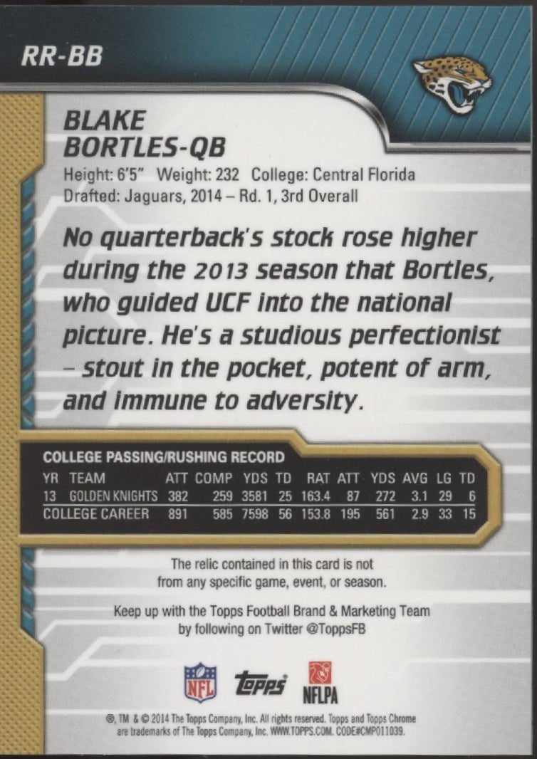 Blake Bortles 2014 Topps Chrome Swatch RC #RR - BB - Collector Store LLC