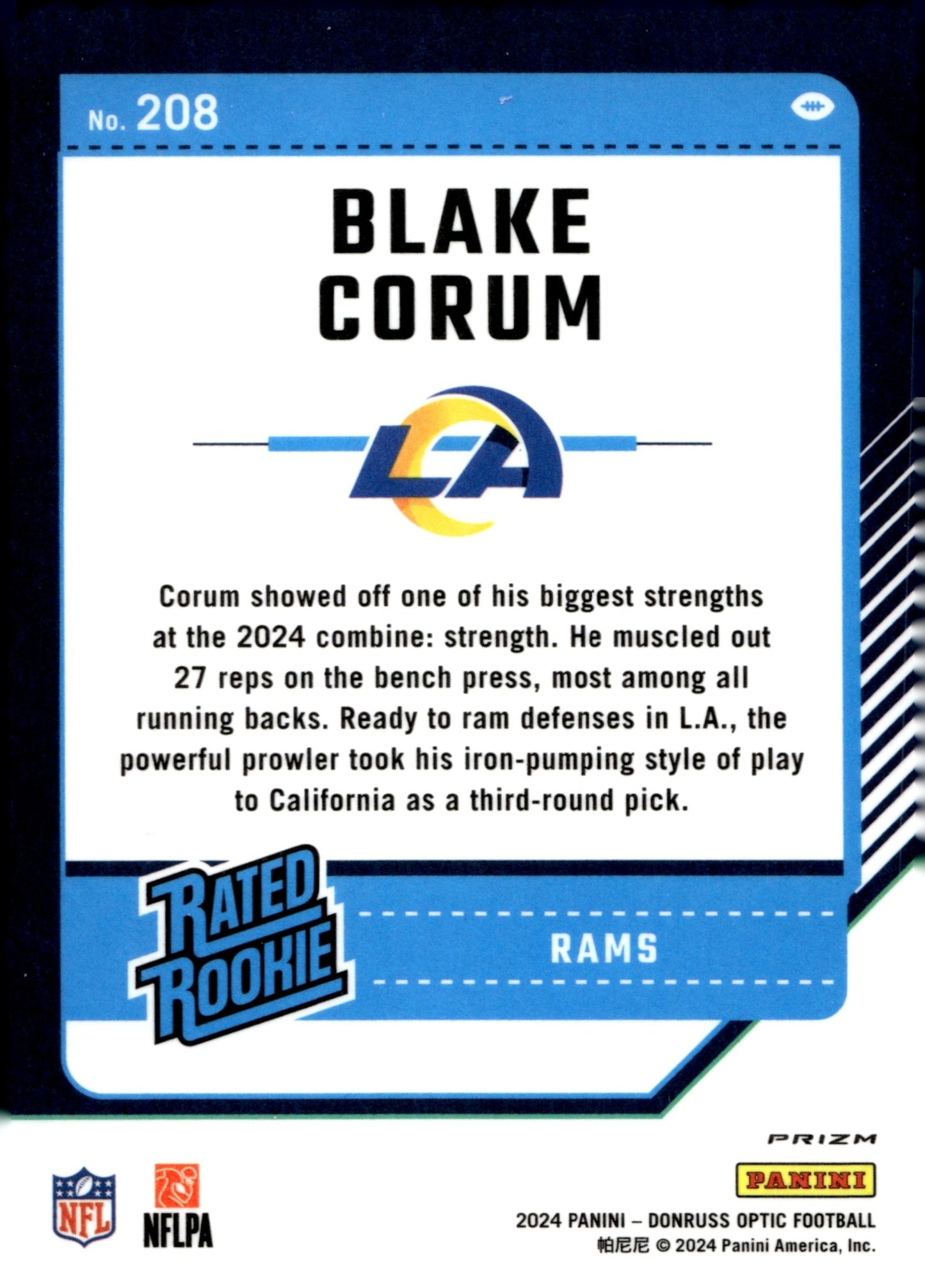Blake Corum 2024 Panini Donruss Optic Prizm RC 208 - Collector Store LLC