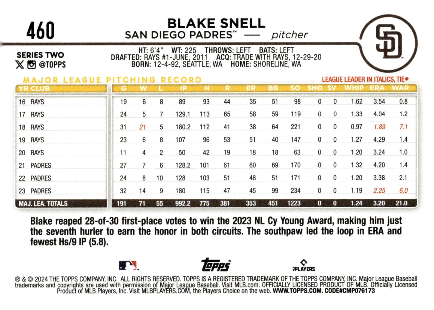 Blake Snell 2024 Topps Series 2 Foil 460 - Collector Store LLC