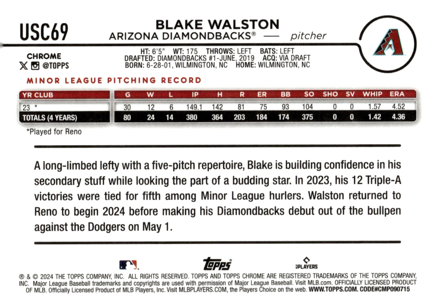 Blake Walston 2024 Topps Chrome Negative Refractor RC USC69 - Collector Store LLC