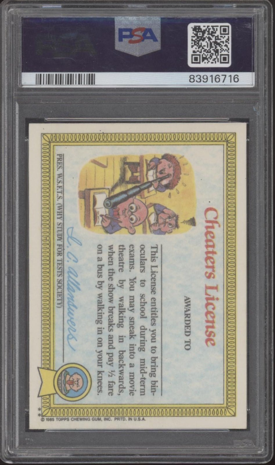 Blasted Billy 1985 Garbage Pail Kids Stickers #8b PSA 9 - Collector Store LLC