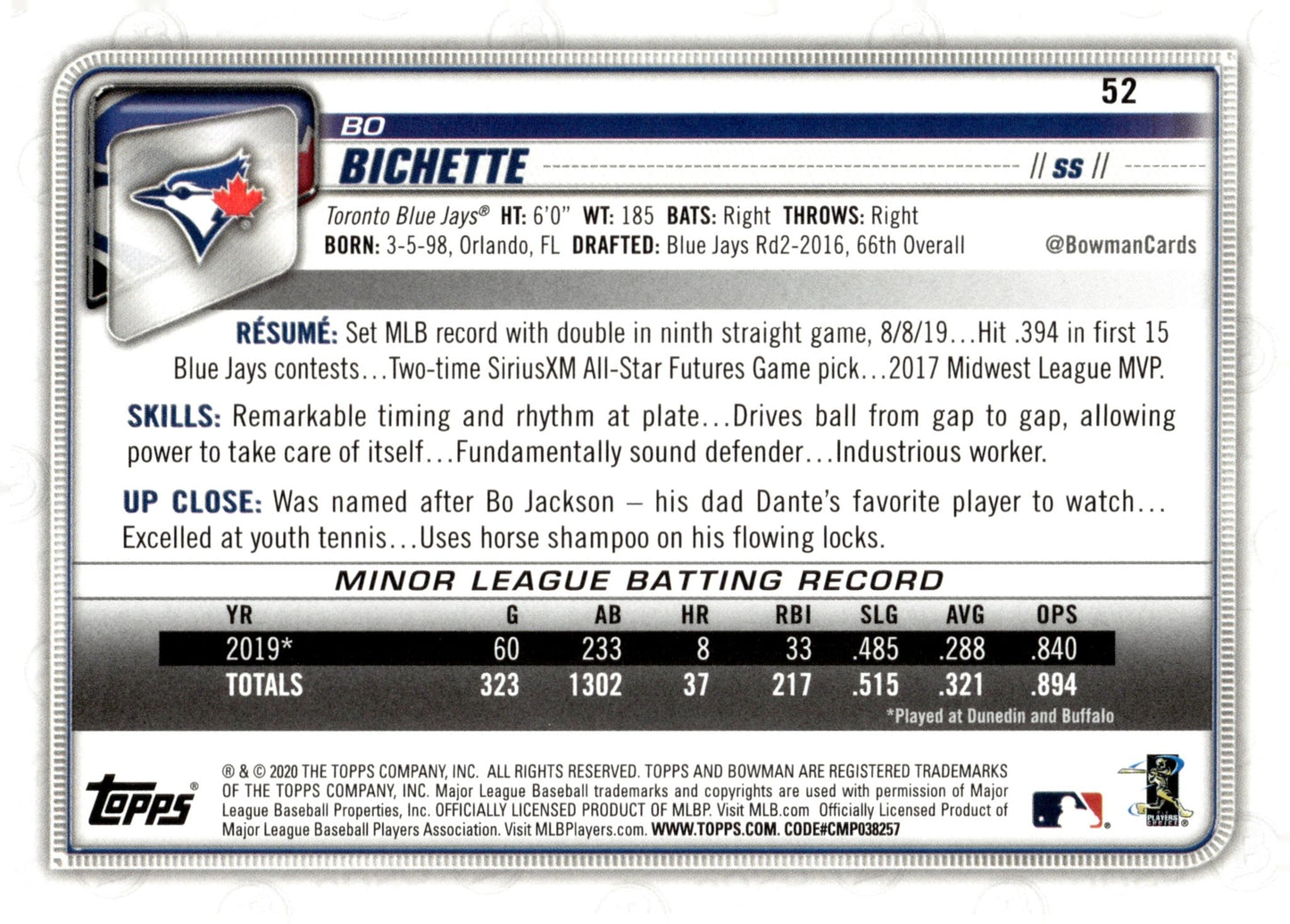 Bo Bichette 2020 Bowman RC 52 - Collector Store LLC