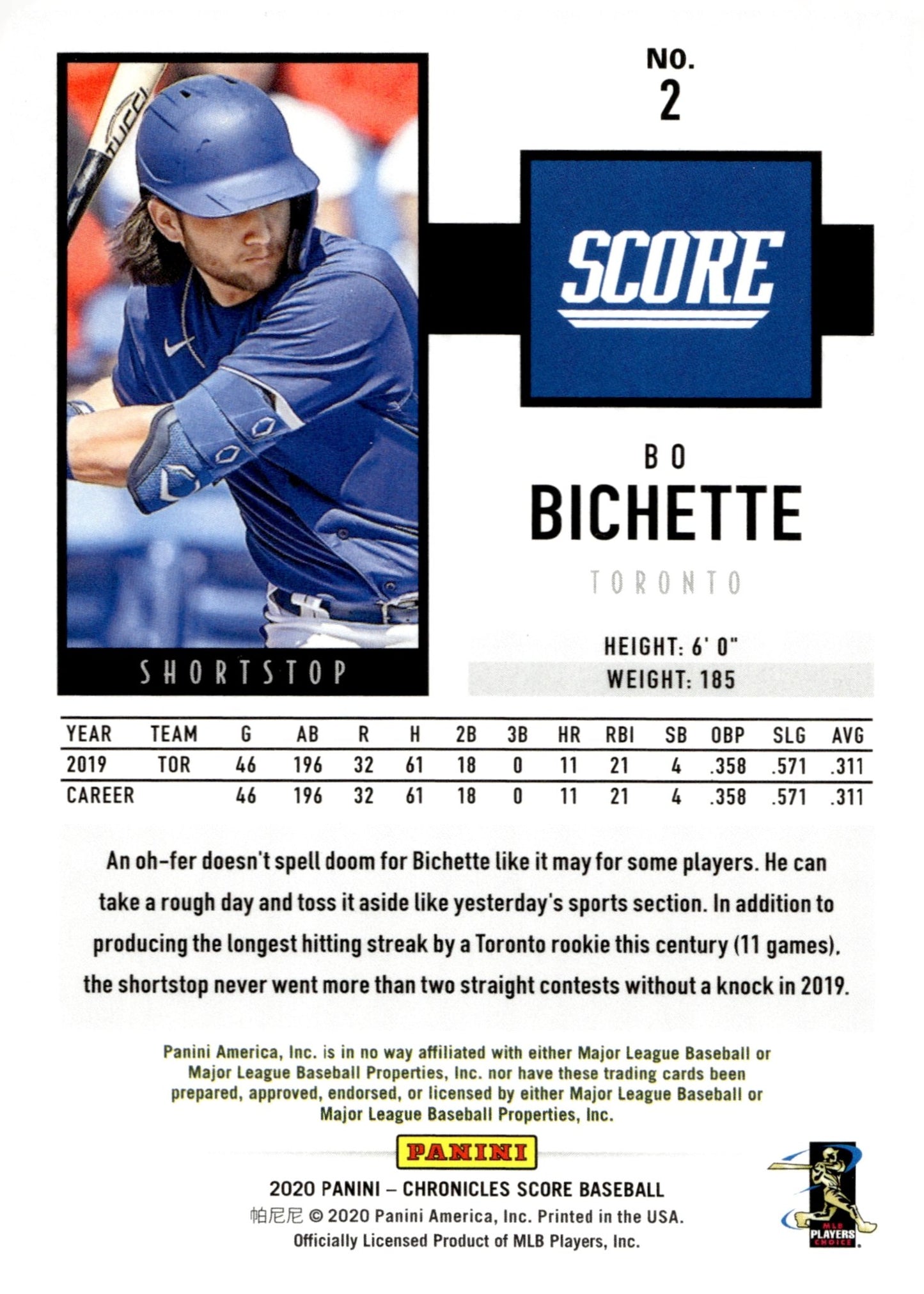 Bo Bichette 2020 Panini Chronicles Score RC 2 2 - Collector Store LLC