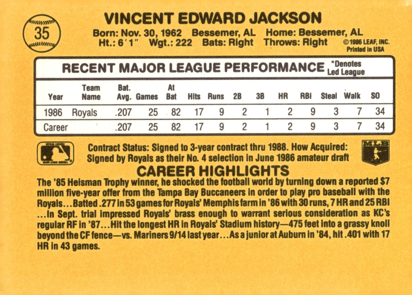 Bo Jackson 1987 Donruss Rated Rookie RC #35 - Collector Store LLC