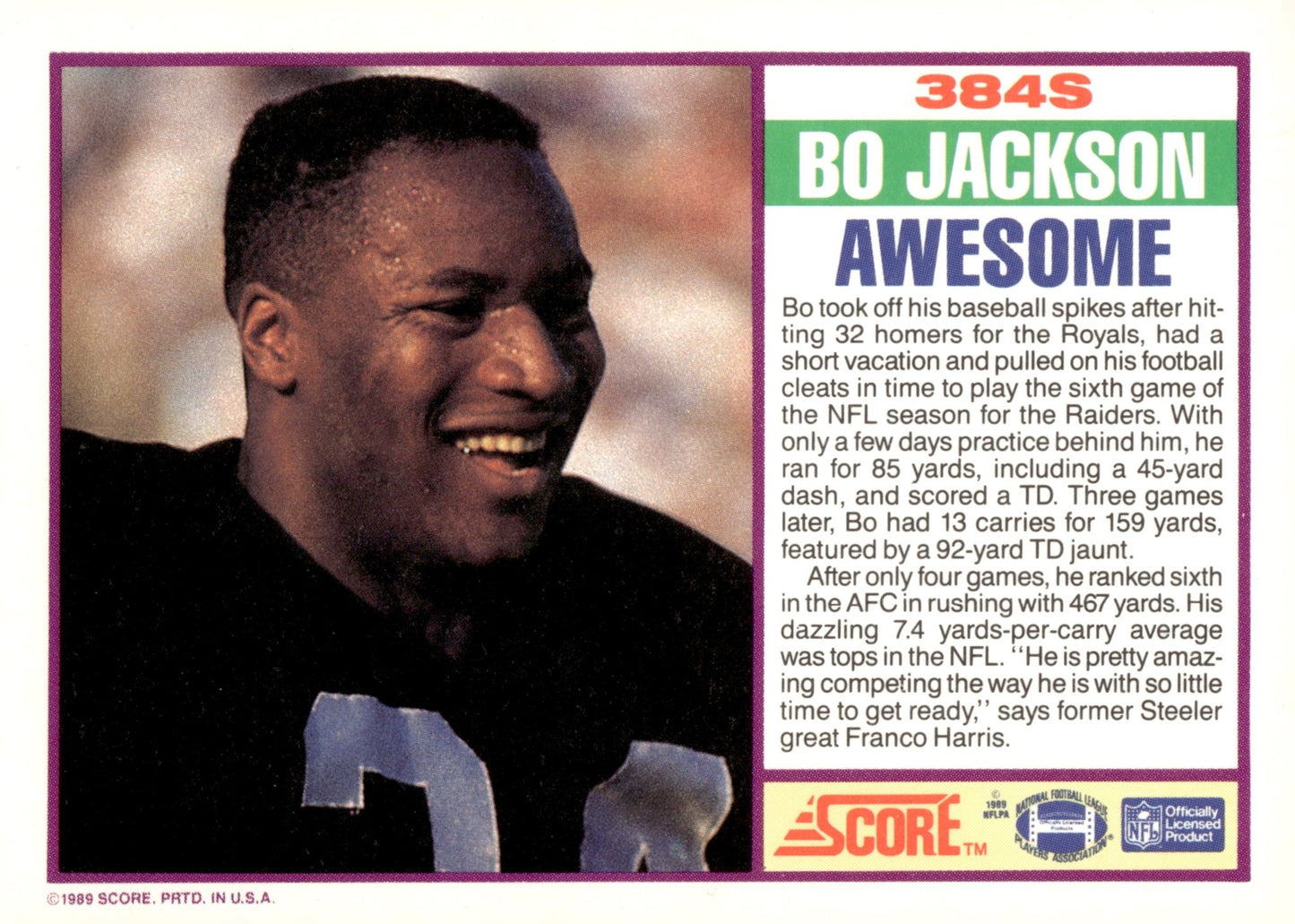 Bo Jackson 1989 Score Supplemental Purple #384S - Collector Store LLC