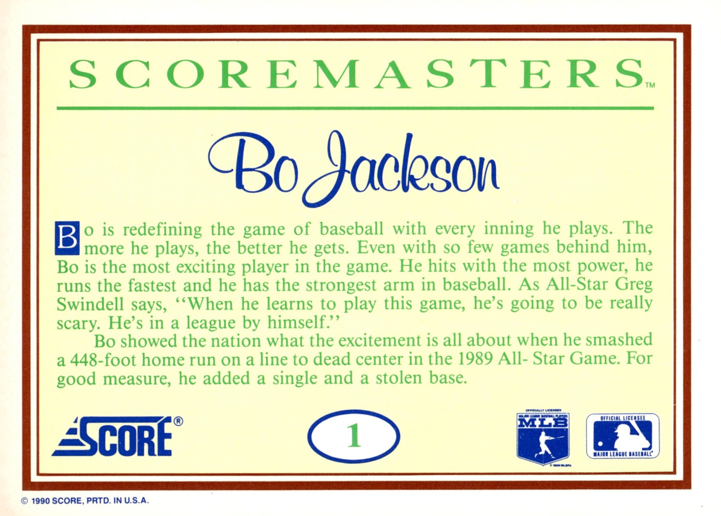 Bo Jackson 1990 Score Masters 1 - Collector Store LLC