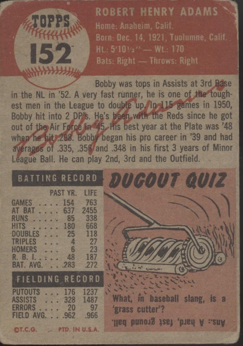 Bob Adams 1953 Topps #152 Cincinnati Reds GD - Collector Store LLC