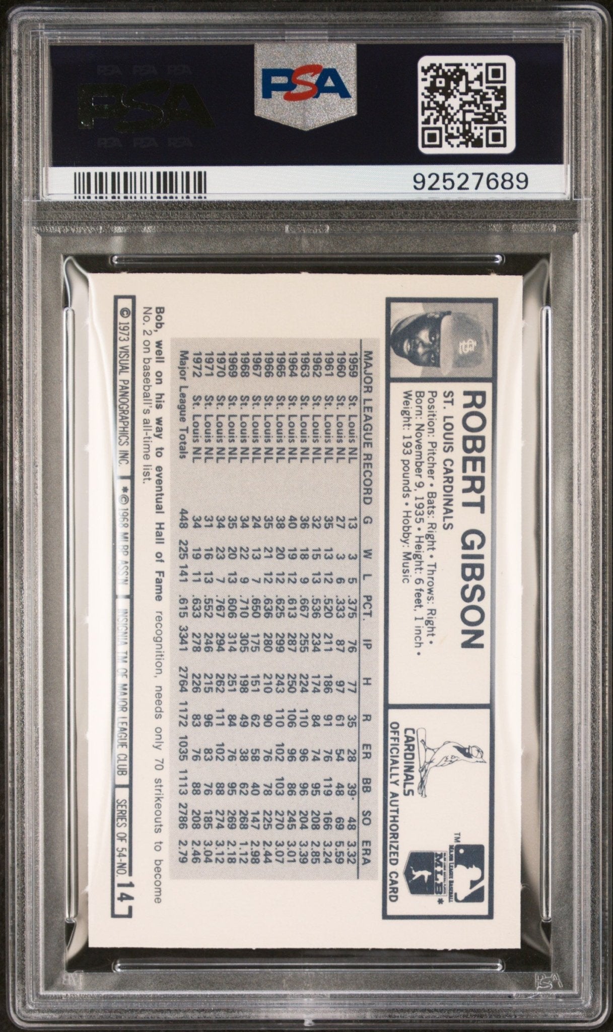Bob Gibson 1973 Kellogg's #14 PSA 9 - Collector Store LLC