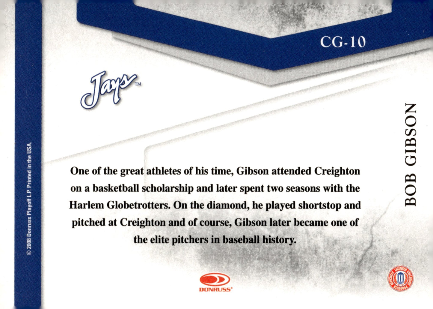 Bob Gibson 2008 Donruss Threads College Greats CG - 10 - Collector Store LLC