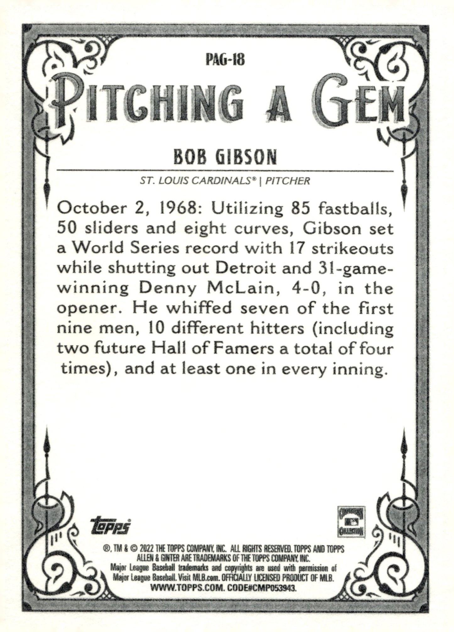 Bob Gibson 2022 Topps Allen & Ginter Pitching a Gem PAG - 18 - Collector Store LLC