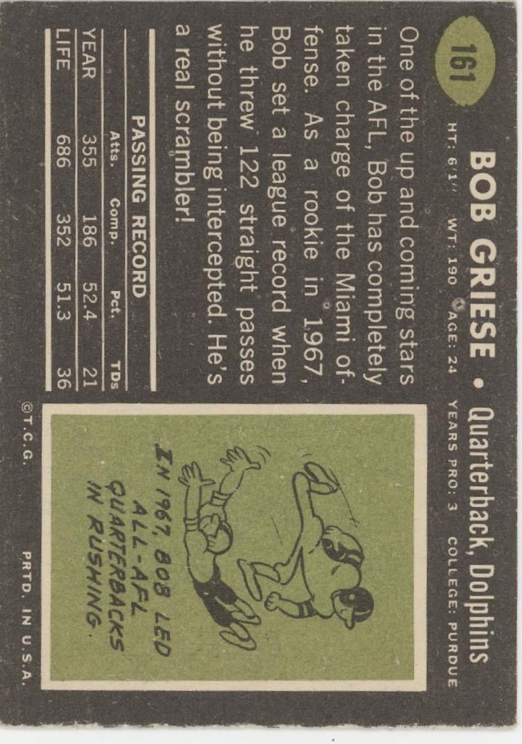Bob Griese 1969 Topps 161 Miami Dolphins VG - Collector Store LLC