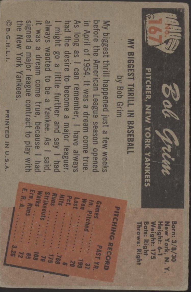 Bob Grim 1955 Bowman RC #167 New York Yankees VG - Collector Store LLC