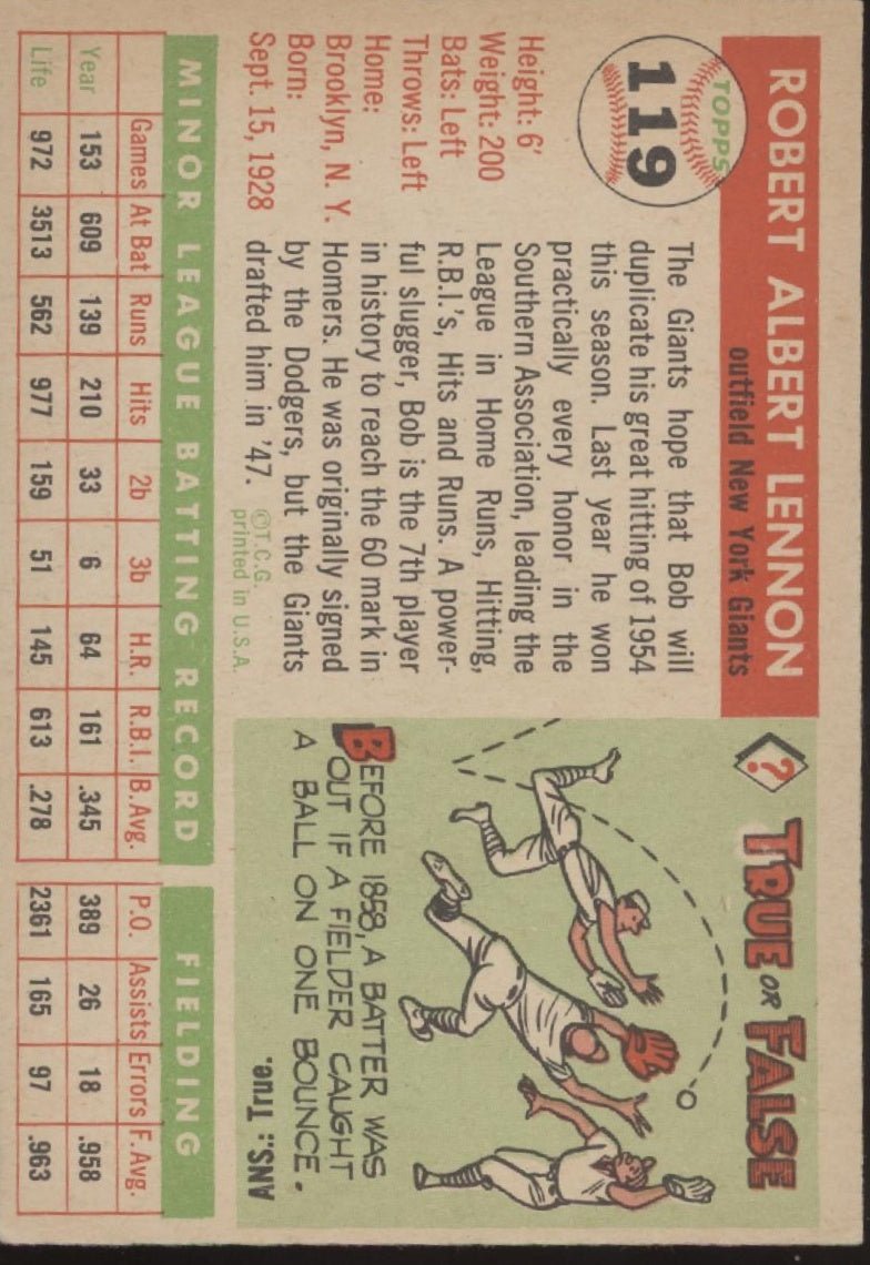 Bob Lennon 1955 Topps #119 New York Giants EX - Collector Store LLC