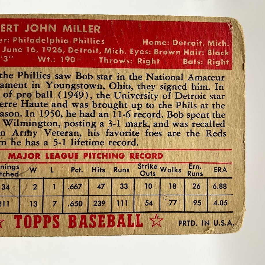 Bob Miller 1952 Topps #187 Philadelphia Phillies PR - Collector Store LLC