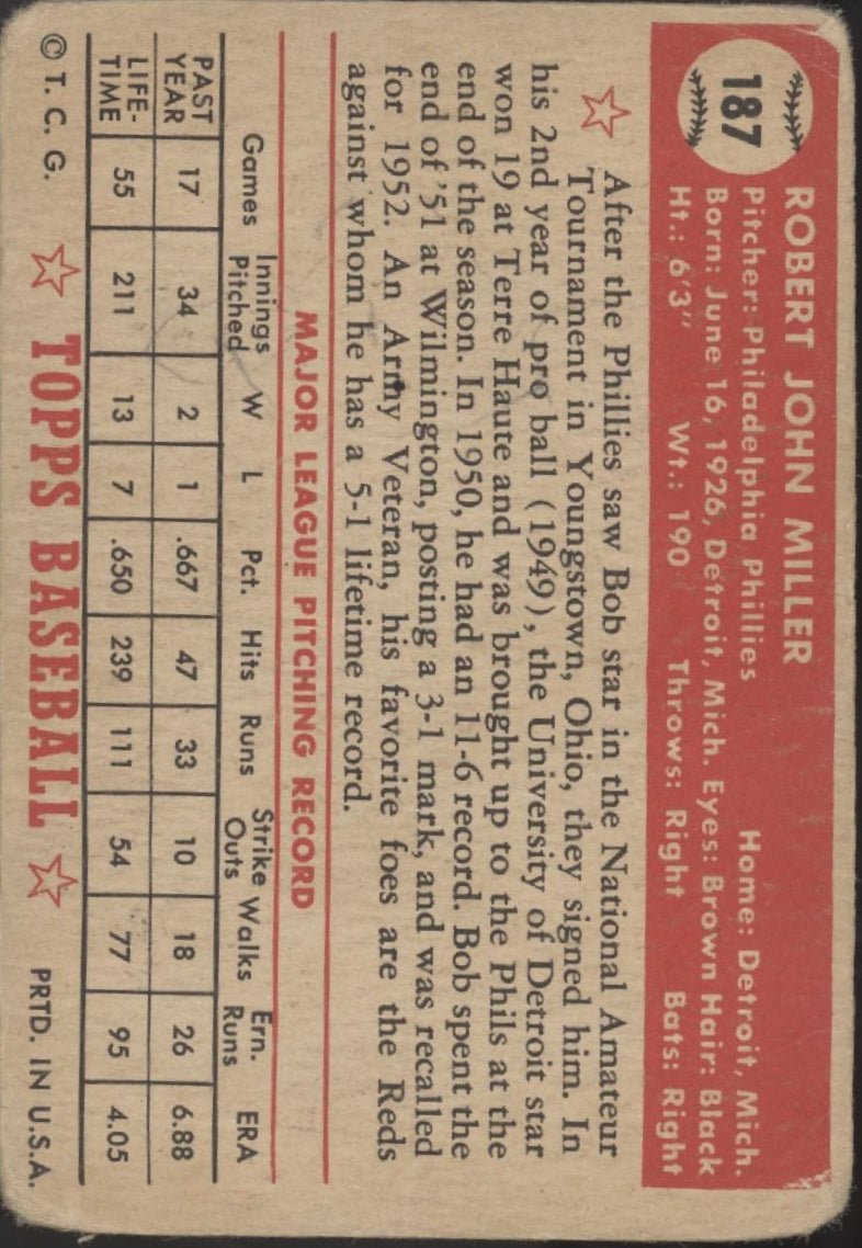 Bob Miller 1952 Topps #187 Philadelphia Phillies PR - Collector Store LLC