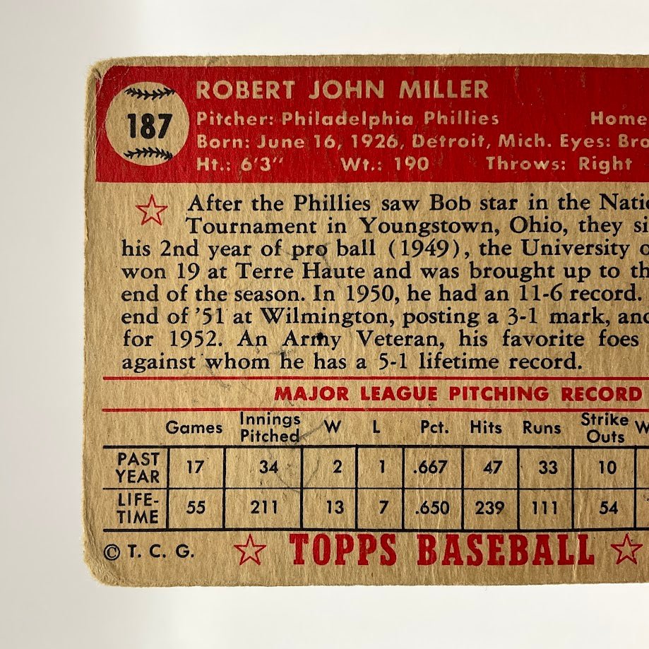 Bob Miller 1952 Topps #187 Philadelphia Phillies PR - Collector Store LLC