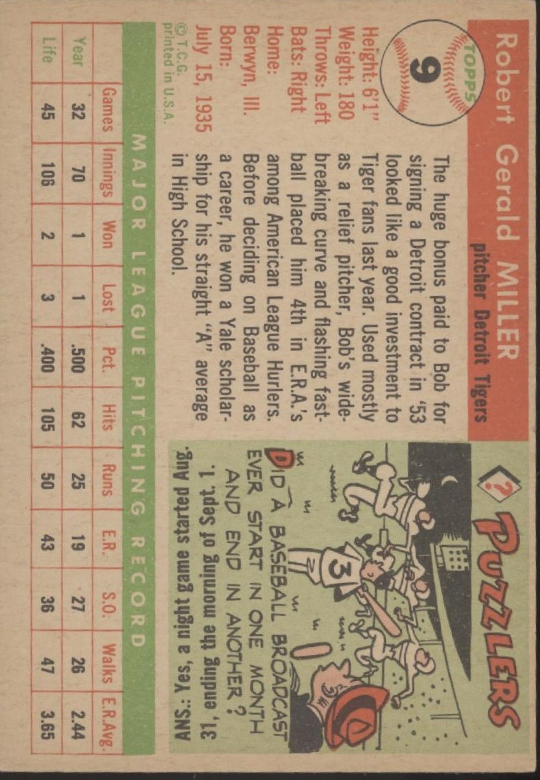 Bob Miller 1955 Topps #9 Detroit Tigers EX - Collector Store LLC