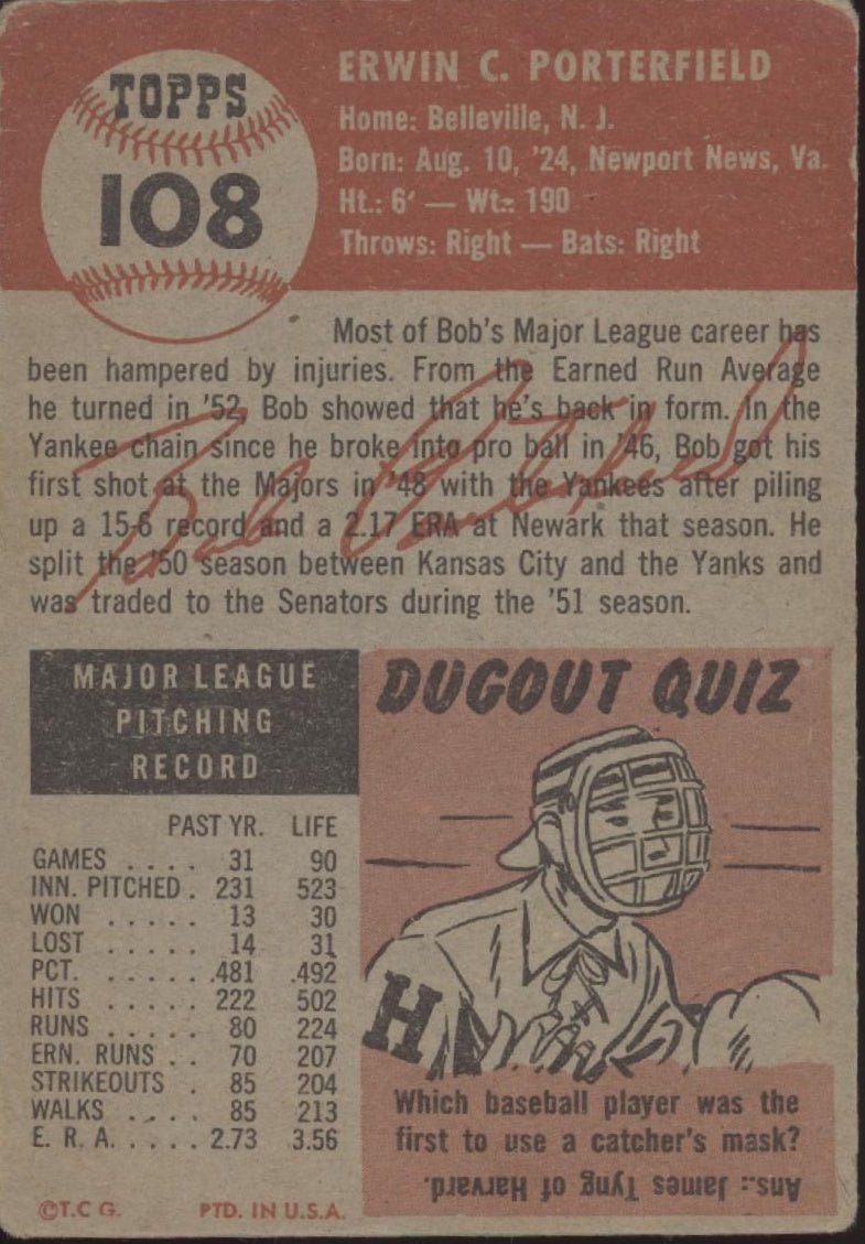 Bob Porterfield 1953 Topps #108 Washington Senators VG #1 - Collector Store LLC