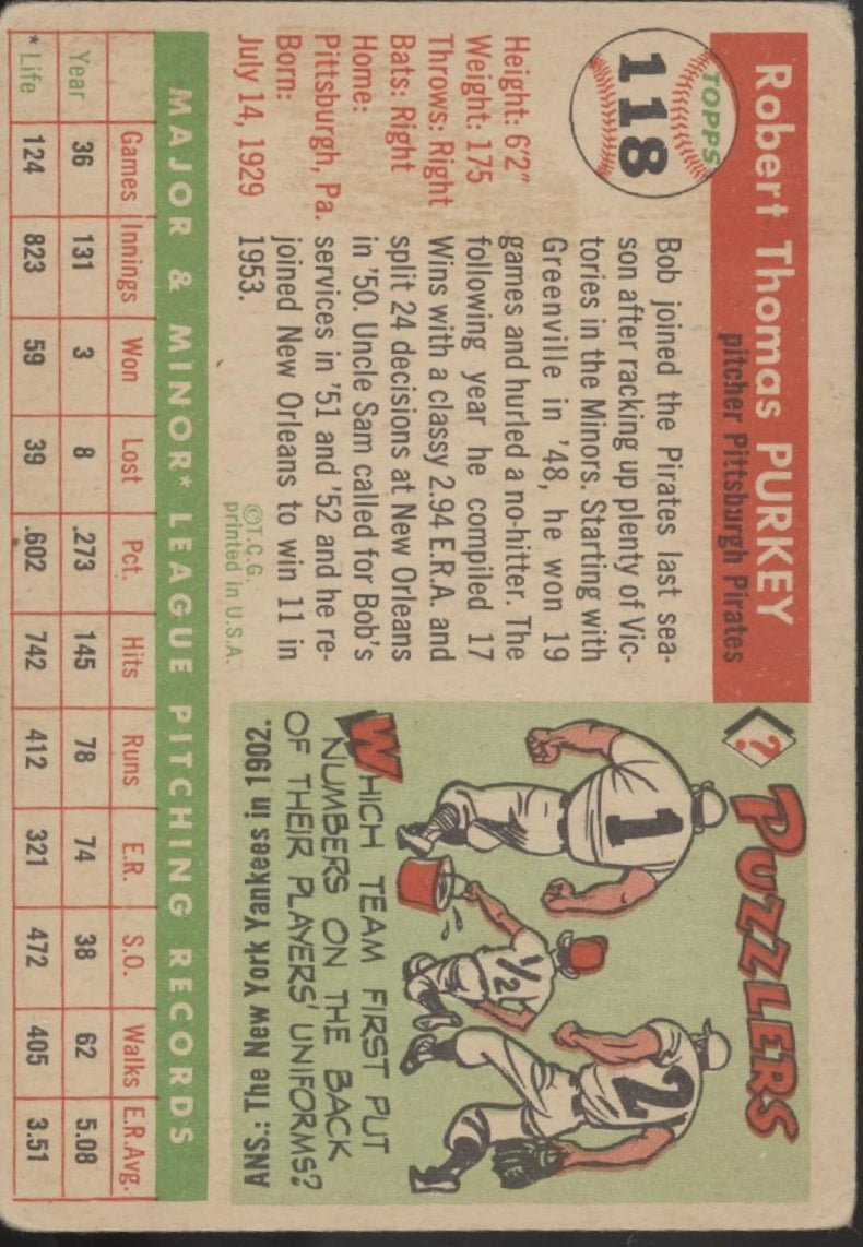 Bob Purkey 1955 Topps #118 Pittsburgh Pirates VG - Collector Store LLC