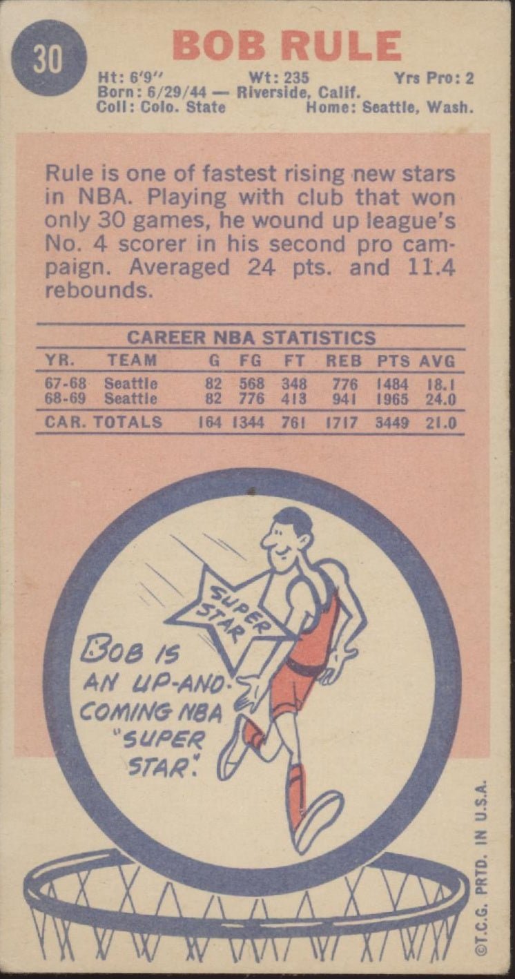 Bob Rule 1969 - 70 Topps Oversized RC #30 Seattle Supersonics VG - EX - Collector Store LLC