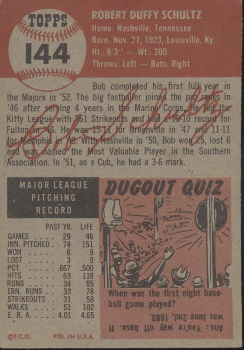 Bob Schultz 1953 Topps #144 Chicago Cubs VG - Collector Store LLC