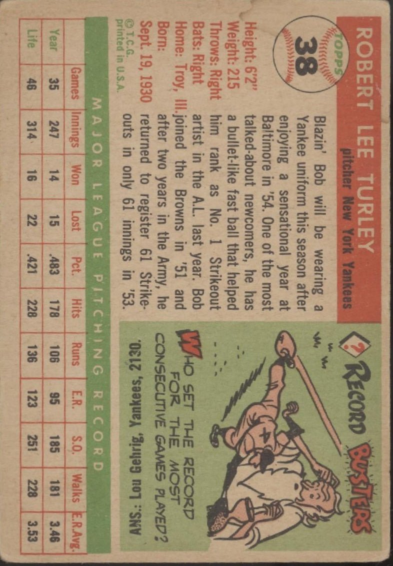 Bob Turley 1955 Topps #38 New York Yankees VG - Collector Store LLC
