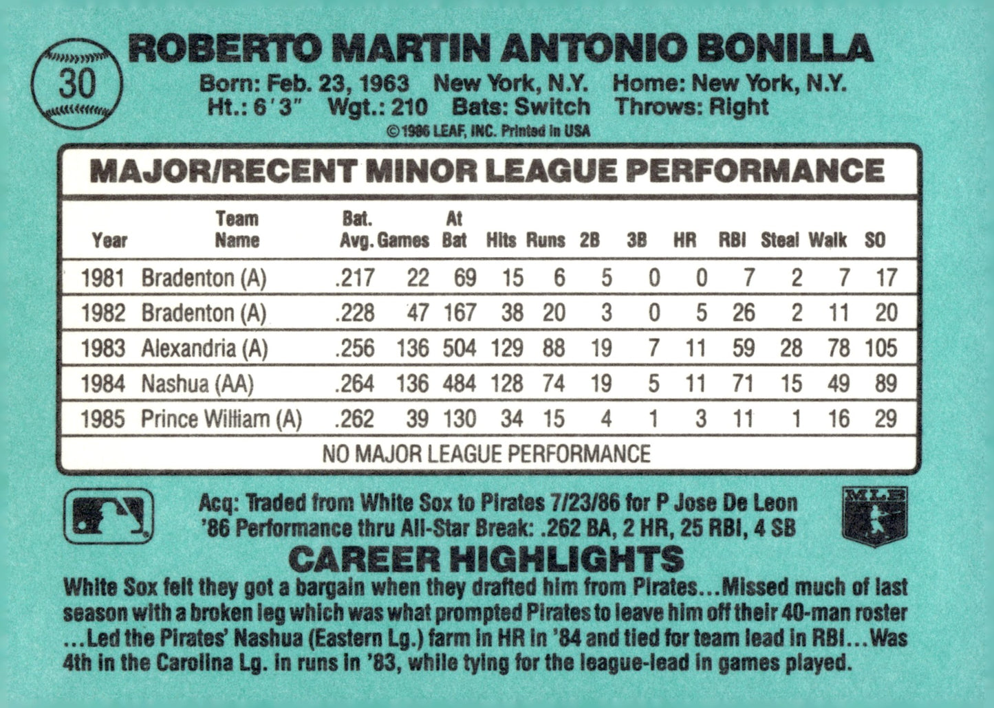 Bobby Bonilla 1986 Donruss The Rookies RC #30 - Collector Store LLC