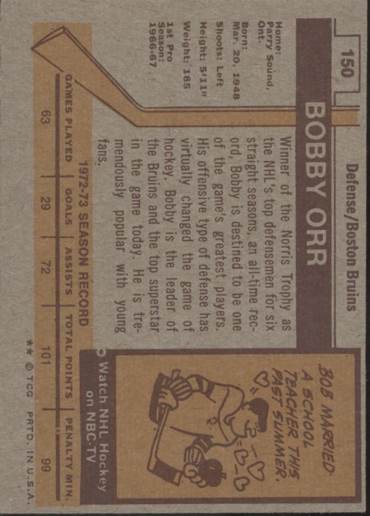 Bobby Orr 1973 - 74 Topps #150 Boston Bruins VG - Collector Store LLC