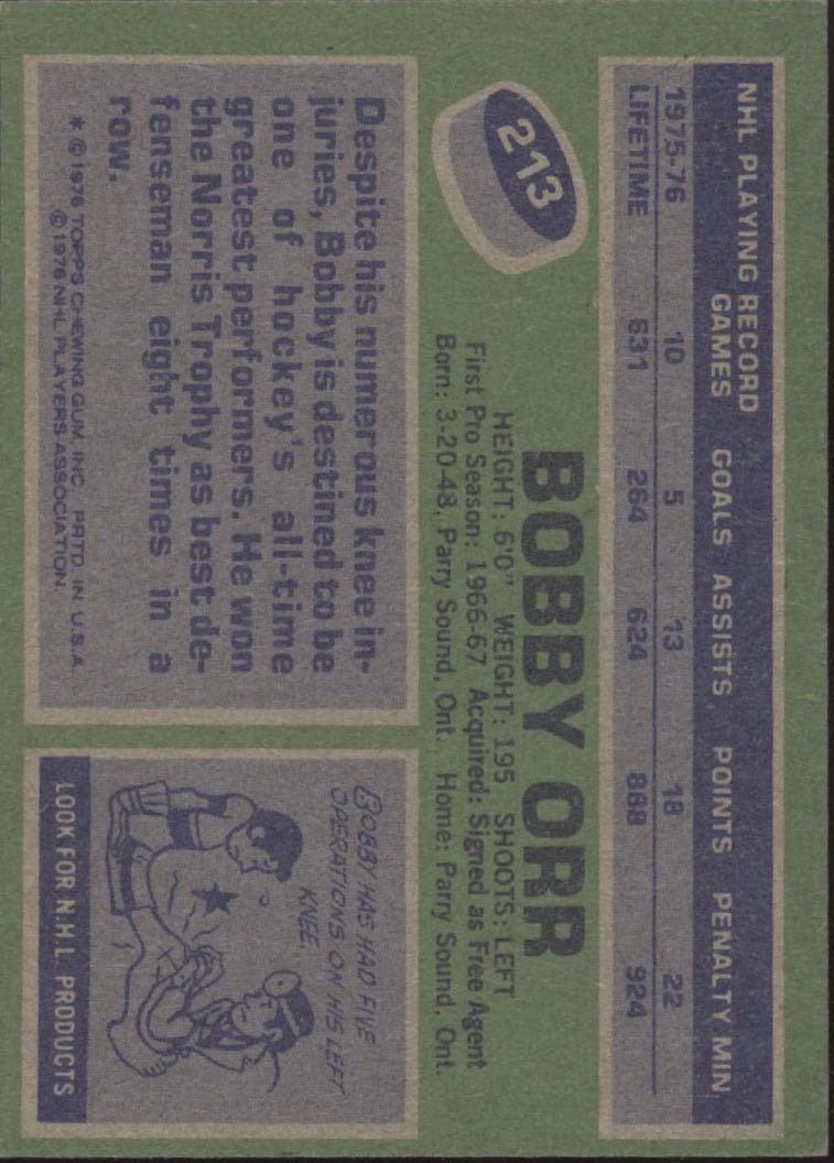 Bobby Orr 1976 - 77 Topps #213 Chicago Blackhawks EX - Collector Store LLC