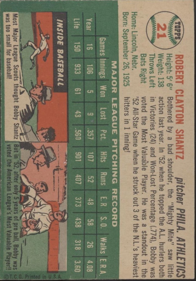 Bobby Shantz 1954 Topps 21 Philadelphia Athletics VG - EX - Collector Store LLC