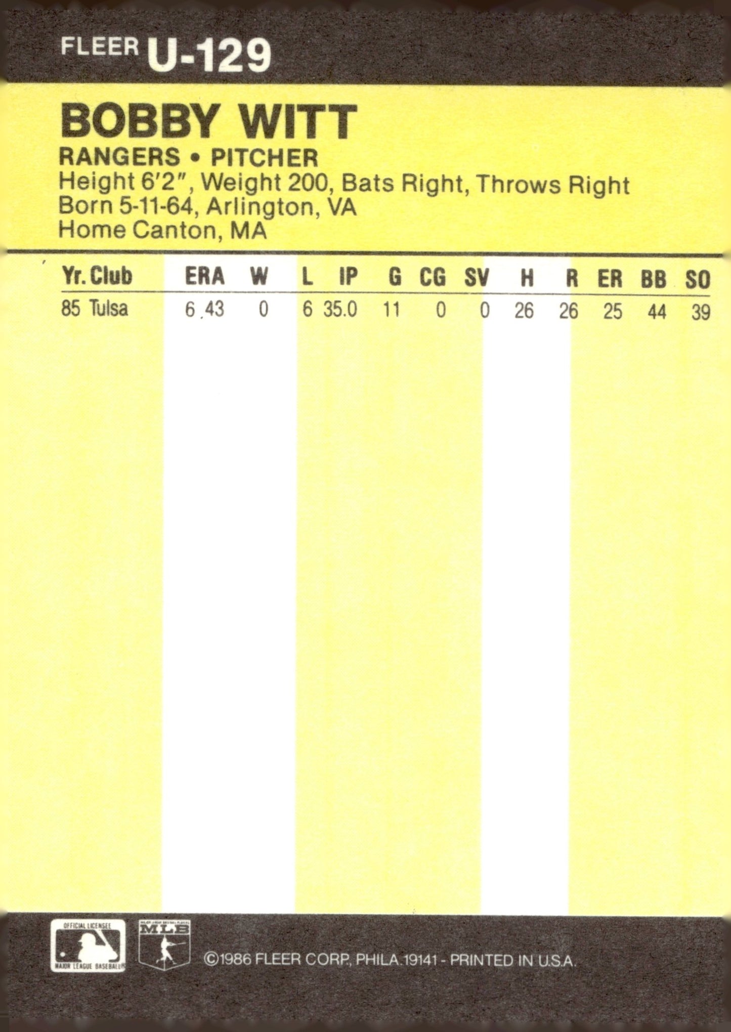 Bobby Witt 1986 Fleer Update RC #U - 129 - Collector Store LLC