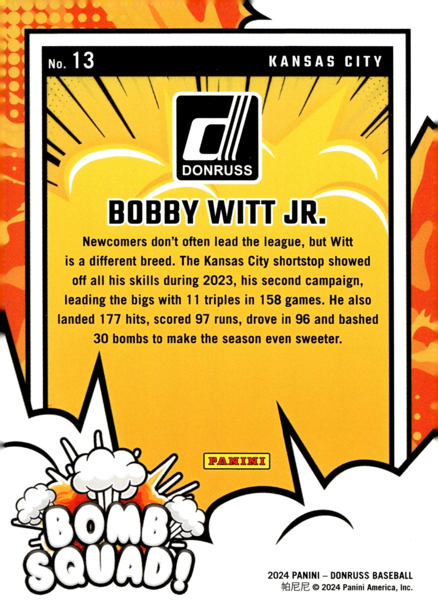 Bobby Witt Jr. 2024 Panini Donruss Bomb Squad! #13 - Collector Store LLC