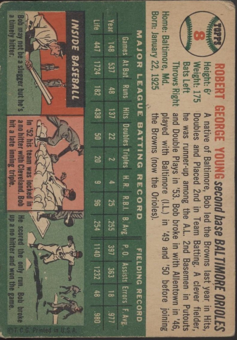 Bobby Young 1954 Topps #8 Baltimore Orioles VG - Collector Store LLC