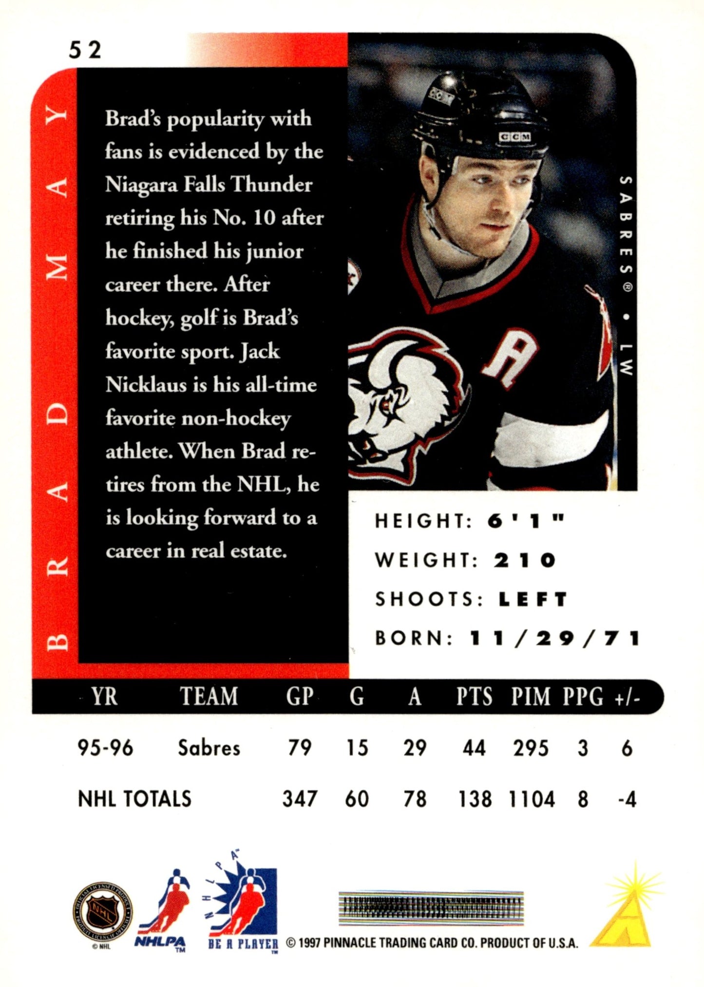 Brad May 1996 - 97 Pinnacle #52 - Collector Store LLC