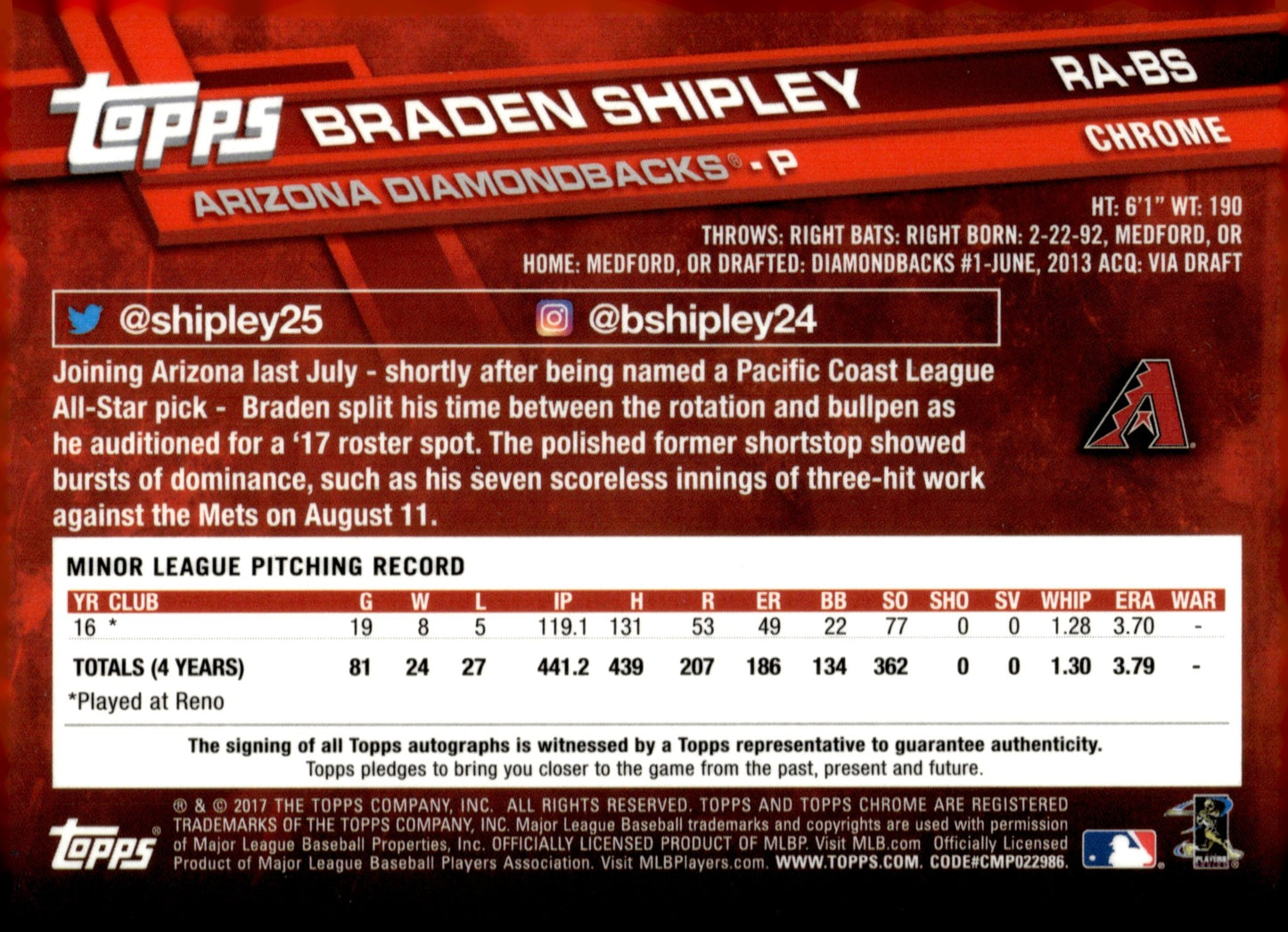Braden Shipley 2017 Topps Chrome RC Auto #RA - BS - Collector Store LLC