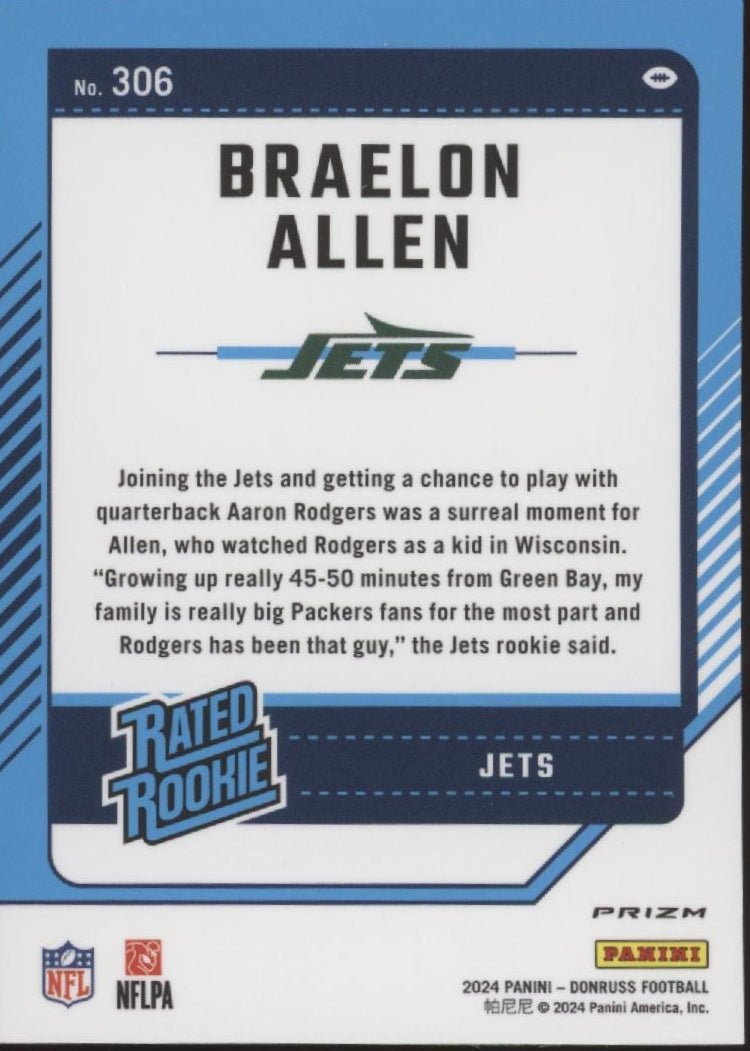 Braelon Allen 2024 Panini Donruss Rated Rookie Pink Prizm RC #306 - Collector Store LLC