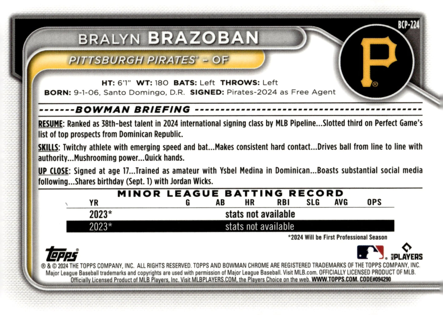 Bralyn Brazoban 2024 Bowman Chrome Mojo Refractor #BCP - 224 - Collector Store LLC