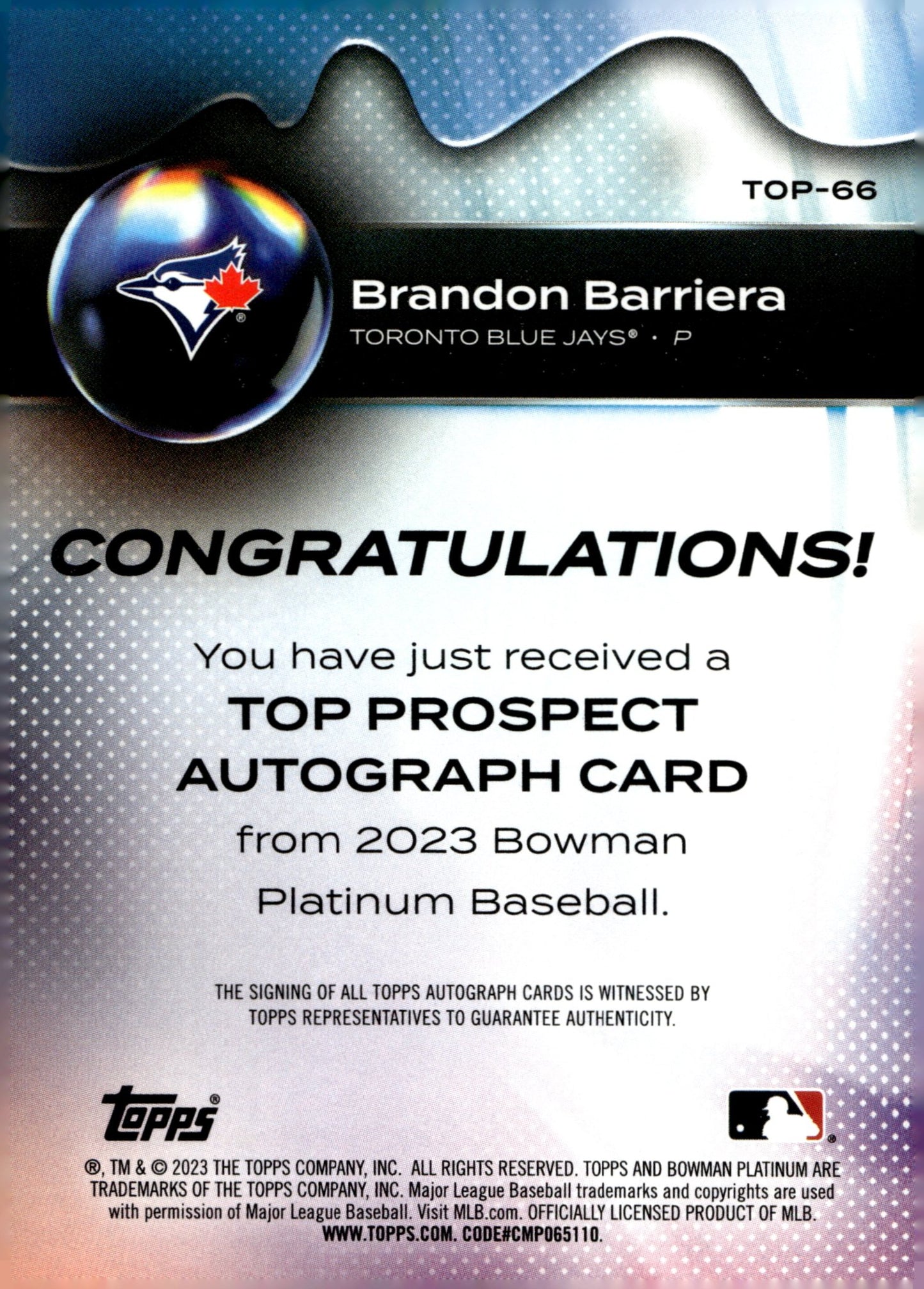 Brandon Barriera 2023 Bowman Platinum Auto #TOP - 66 - Collector Store LLC