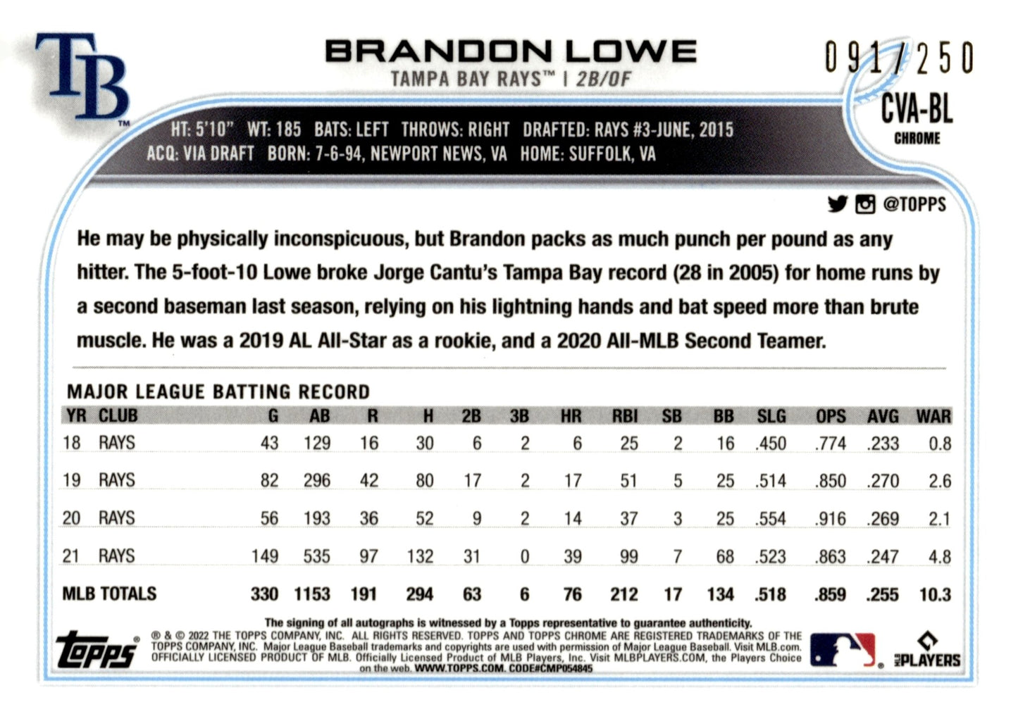 Brandon Lowe 2022 Topps Chrome Purple Refractor Auto 091/250 #CVA - BL - Collector Store LLC