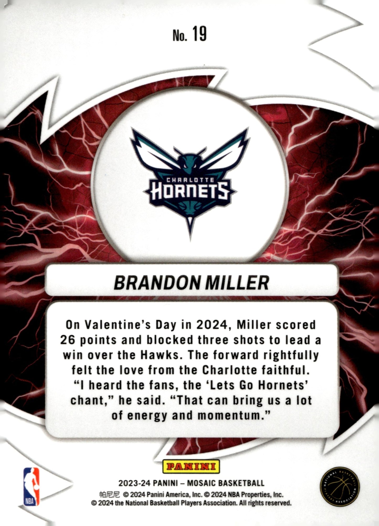 Brandon Miller 2023 - 24 Panini Mosaic Thunder Road RC #19 - Collector Store LLC