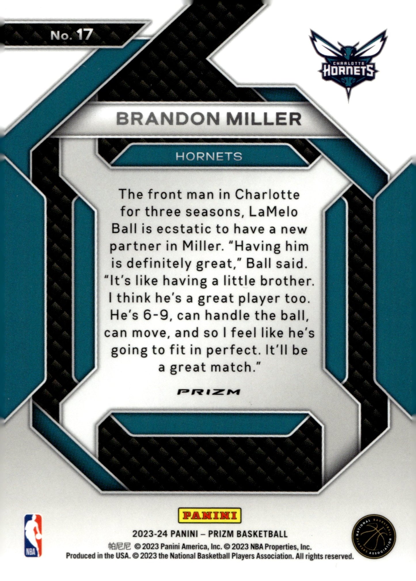 Brandon Miller 2023 - 24 Panini Prizm Emergent Prizm RC #17 - Collector Store LLC